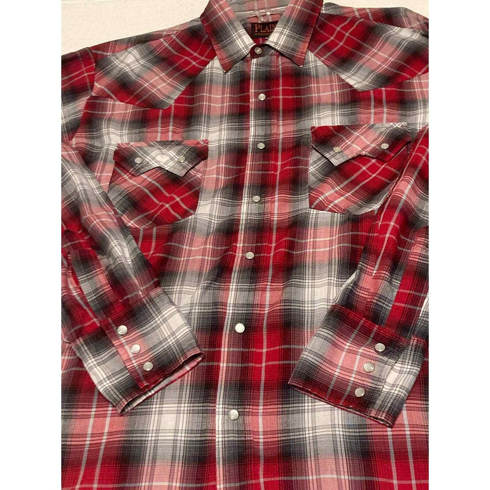 Plain Western Wear Plaid Flannel‎ Shirt Red Gray Long Sleeve Cowboy